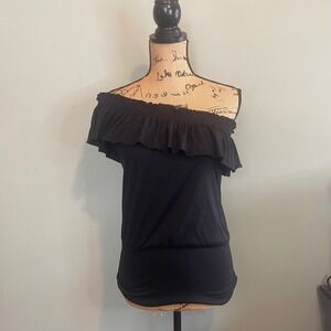 Vintage Womens Going Out Stretch Ruffle One Shoulder Top Blouse Black Medium USA